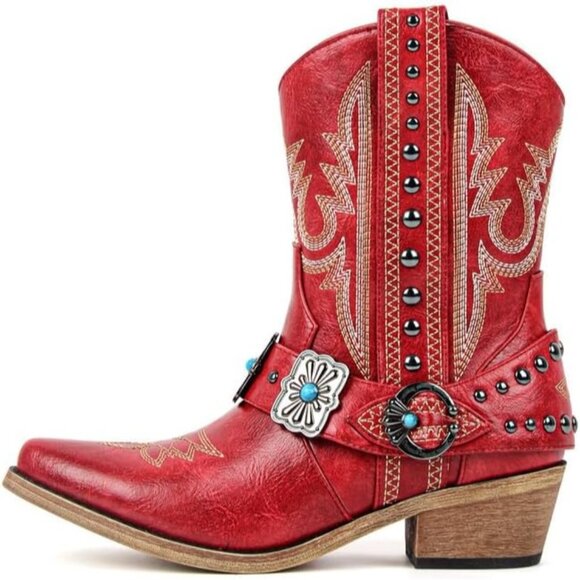 ⚡Women's Red Ankle High Embroidery Pointed Toe Cowgirl Western Boots Pull On - Picture 1 of 6